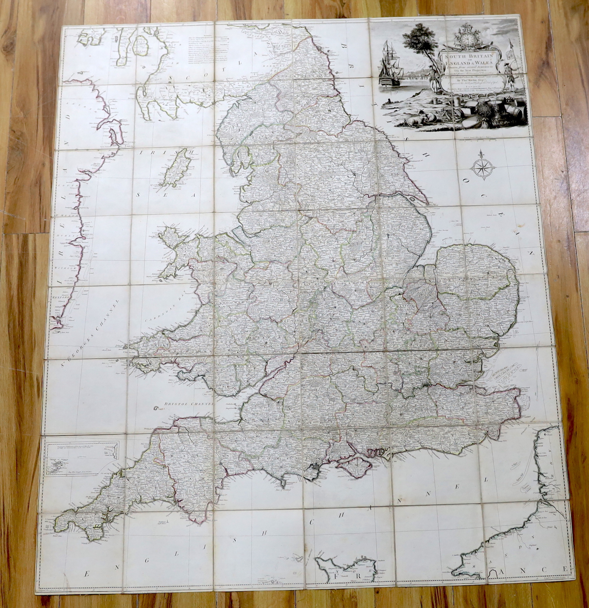 Kitchen, Thomas - South Britain or England and Wales, Drawn from several Surveys & C on the New Projection corrected from Astrometrical Observations…a hand-coloured engraved folding map, linen backed, Robert Sawyer and J